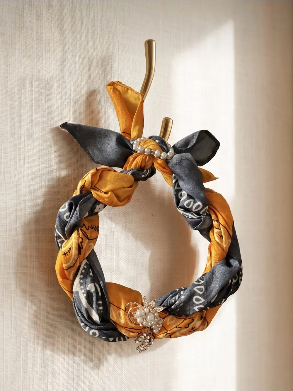 Orange and gray bandanna Twist trendy necklace with Pearl Brooch